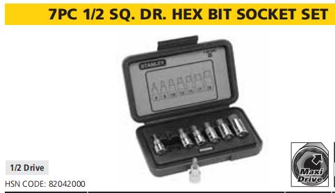7PC 1/2 SQ. DR. HEX BIT SOCKET SET