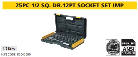 25PC 1/2 SQ. DR.12PT SOCKET SET IMP