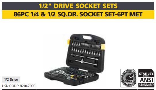 86PC 1/4 & 1/2 SQ.DR. SOCKET SET-6PT MET