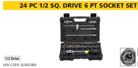 24 PC 1/2 SQ. DRIVE 6 PT SOCKET SET